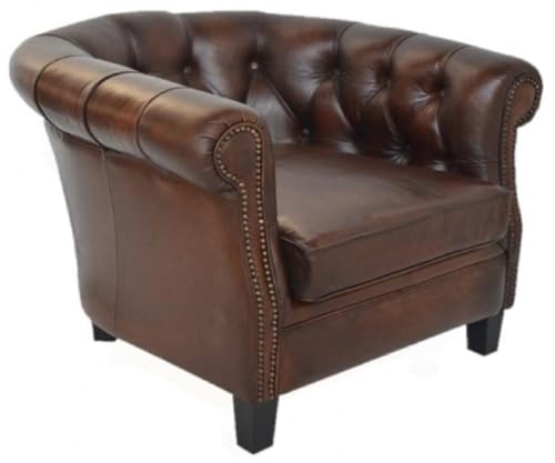 Casa Padrino Poltrona Chesterfield di Lusso in Pelle Marrone Scuro/Nero 80 x 80 x A. 66 cm - Poltrona da Soggiorno in Vera Pelle - Mobili da Soggiorno Chesterfield