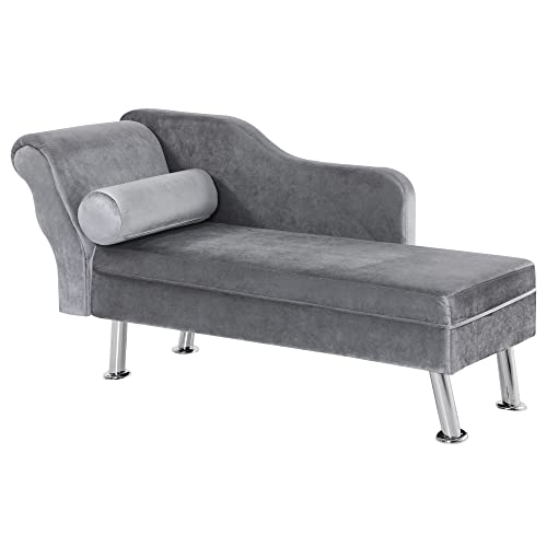 HOMCOM Chaise Longue Imbottita in Stile Vintage, Poltrona Letto con Cuscino Incluso, in Metallo e Velluto Grigio, 160x56x75 (cm)