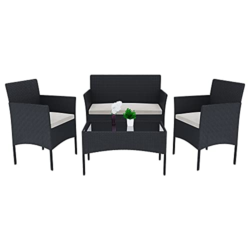 Arreditaly Set Di Mobili da Giardino Salotto Salottino in Rattan 4 Posti con Tavolino E Ripiano In Vetro 2 Poltrone e Divano 2 Posti Per Giardino Esterno Piscina Cuscini Sfoderabili Colore Nero