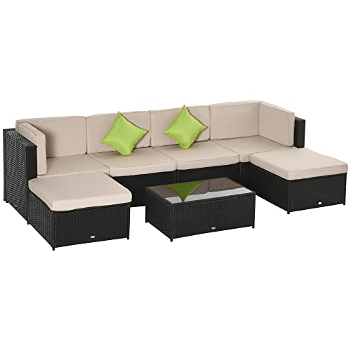 Outsunny Set 7 Pezzi Salotto da Esterni con Poltrona Pouf e Tavolino, Mobili da Giardino in Rattan, Nero e Beige