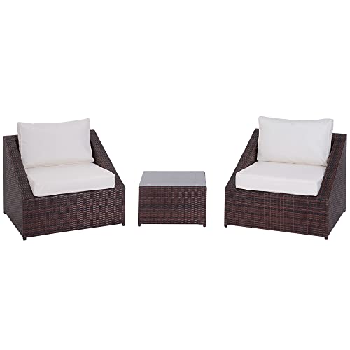 Outsunny Set Mobili da Balcone in PE Rattan, Tavolo da Giardino con Poltroncine e Cuscini, Marrone