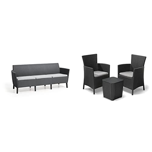 Keter Salemo Divano da Esterno 3 Posti, Cuscini Inclusi, 76 x 66.5 x 187cm, Nero (Grafite) & Iowa Balcony Set - Set Mobili da Esterno 2 Poltrone, Tavolino Contenitoree Cuscini per la seduta, Grafite