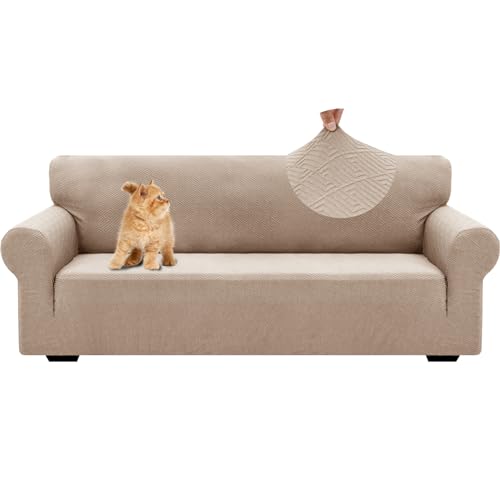 YSTELLAA Elasticizzato Copridivano 3 Posti, Universale Copri Divano con Braccioli, Moderno Copridivani Elasticizzati, Copridivano AntiGraffio Gatto, Sofa Cover Antiscivolo Lavabili, Cachi