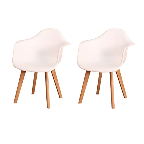 BenyLed Set di 2 sedie da pranzo con braccioli, poltrona design moderno sedie da cucina scandinave con gambe in legno di faggio (Bianco)