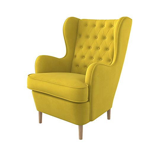 Furninero - Poltrona a orecchioni, Stile Chesterfield, Trapuntato a Rombi con Bottoni Profondi, Gambe arrotondate in Rovere, Majestic Velvet Yellow Tessuto, Easy-Clean (Facili da Pulire), Giallo