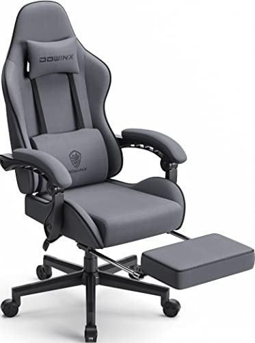 Dowinx Sedia da gaming da ufficio, in tessuto, con cuscino primaverile, azione massaggiante, poggiatesta, ergonomica, con poggiapiedi (grigio)