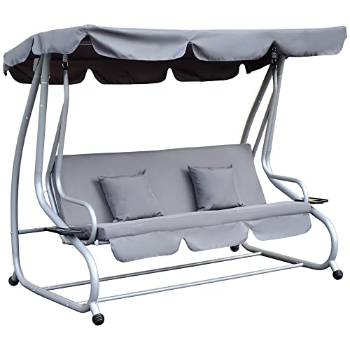 Outsunny Dondolo Letto da Giardino 3 Posti Schienale Reclinabile Tetto Regolabile Grigio 200×120×164cm