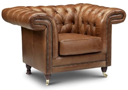 Casa Padrino Poltrona Chesterfield di Lusso in Pelle Marrone/Marrone Scuro/Oro 127 x 95 x A. 85 cm - Poltrona da Soggiorno in Vera Pelle - Mobili da Soggiorno Chesterfield