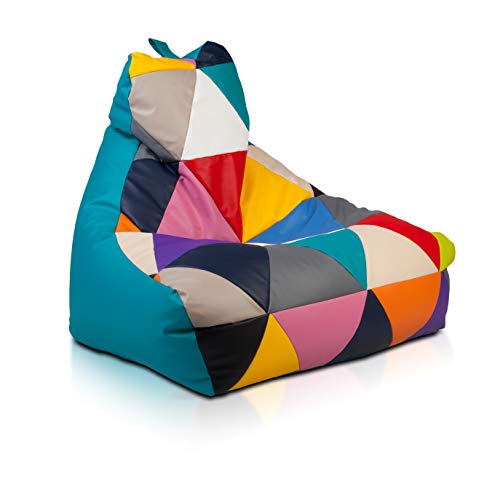 Ecopuf - Pouf Poltrona PATCHWORK Ecopelle KEIKO Taglia S - Base Turchese Antistrappo Antimacchia - Imbottitura Polistirolo e Maniglia