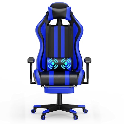 Soontrans Sedia da Gaming Massaggiante, Sedia Gaming con Supporto Lombare Regolabile Massaggio & Poggiapiedi & Poggiatesta, Imbottitura, Ergonomico Poltrona da Gaming per Livestreaming Xbox (Blu)