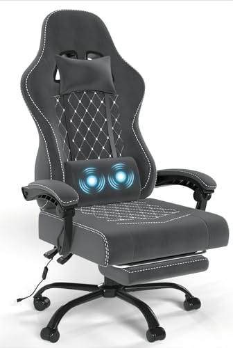 Devoko Sedia Gaming Tessuto Con Supporto Lombare, Poggiapiedi,Sedia Gaming Ergonomica Massaggiante Con Poggiapiedi Telescopico,Portata 150 Kg,Girevole a 360 Gradi Colore Grigio Scuro