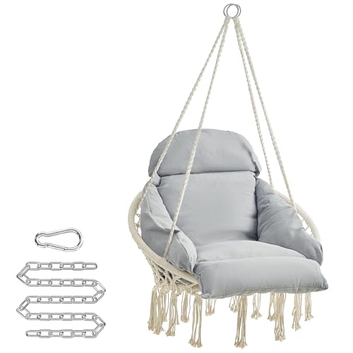 SONGMICS Poltrona Sospesa, Sedia Altalena, Sedia Amaca Boho, Cuscino Imbottito, Camera da Letto Balcone Giardino Soggiorno, Regge 120 kg, Accessori Inclusi, Bianco Crema e Grigio Tortora GDC042G01