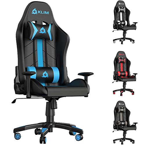 KLIM - Sedia gaming di Alta Qualità + NUOVA 2023 + Supporto Lombare e Cervicale + Reclinabile + Poltrona Gaming Ergonomica con Ruote e Regolabile + Pelle Sintetica e Materiali Premium (Blu)