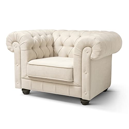 SUEÑOS ZZZ Poltrona per soggiorno Chesterfield 1 Piazza 110 x 70 x 80 cm, poltrona per camera da letto, divano singolo rivestito in tessuto anti macchie beige con Capitoné Real