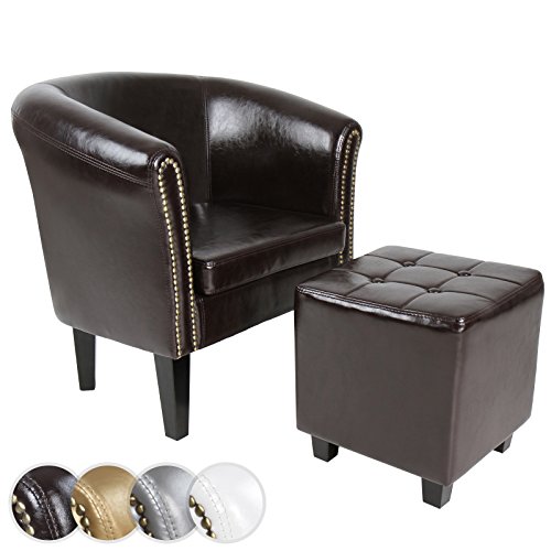 MIADOMODO® Poltrona con Poggiapiedi Chesterfield-Imbottita, in Similpelle e Legno, Borchie Decorative in Rame, Colore a Scelta-Sedia con Pouf, Poltrona da Salotto, Soggiorno (Marrone)