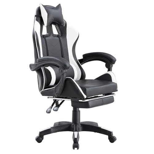 Brigros - Sedia da Gaming Racing Ergonomica Reclinabile con Braccioli, Poltrona Ufficio Girevole con Rotelle, Poggiapiedi, Poggiatesta e Cuscino Lombare in Similpelle, Portata: 125kg (Bianca)