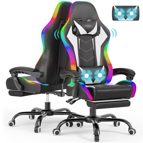 Devoko Sedia da Gaming con Massaggiante Schienale Regolabile 90-135°, Sedia Gaming con LED e Poggiapiedi Telescopico,Poltrona Gaming Ergonomica Portata 150 kg (Bianca)