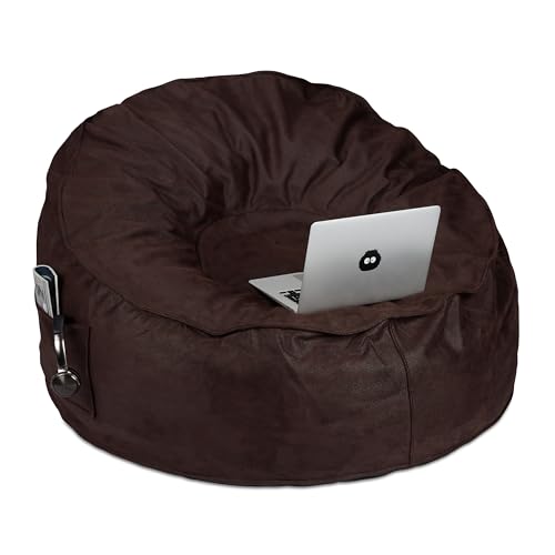 Relaxdays Poltrona Cuscino XXL in Pelle Finta Scamosciata, Pouf a Sacco Imbottito per Adulti, 2 Tasche, Marrone Scuro, 1 pz