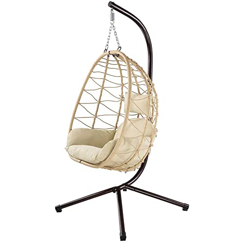 Bakaji Poltrona Sospesa da Giardino Sedia Dondolo Amaca Pensile da Esterno Struttura in Metallo Nido in Rattan e Corda + Cuscino Seduta Imbottito e Poggiatesta Design Moderno 198 x 110 x 95 cm (Beige)