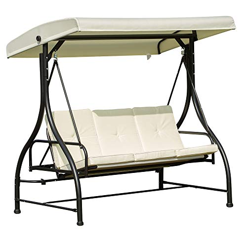 Outsunny Dondolo da Giardino 3 Posti in Acciaio e Poliestere, Crema, con Tettuccio Regolabile, 195L x 117P x 175Acm, 240kg