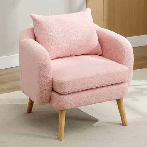 LERFAN Poltrona moderna in velluto con cuscino spesso, grande cuscino per lo schienale e gambe in legno massello, sedia singola imbottita, per il tempo libero, 75 x 69 x 71 cm, rosa