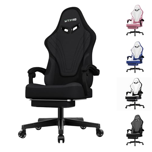 Ulody Sedia da gioco, ergonomica, con poggiapiedi, sedia per PC con poggiatesta e cuscino lombare, girevole a 360 gradi, in tessuto regolabile in altezza(NERO)