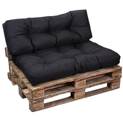 bananair - Cuscini per Pallet - Tessuto Idrorepellente e Anti-UV - Molto Confortevole, Imbottito in Schiuma - Cuscini per Divano Esterno Giardino (Seduta 120x80 cm + Schienale 120x40 cm, Nero)