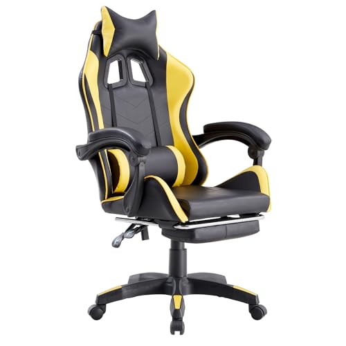 WeHome - Sedia da Gaming Racing Ergonomica Reclinabile con Braccioli, Poltrona Ufficio Girevole con Rotelle, Poggiapiedi, Poggiatesta e Cuscino Lombare in Similpelle, Portata: 125kg (Giallo)