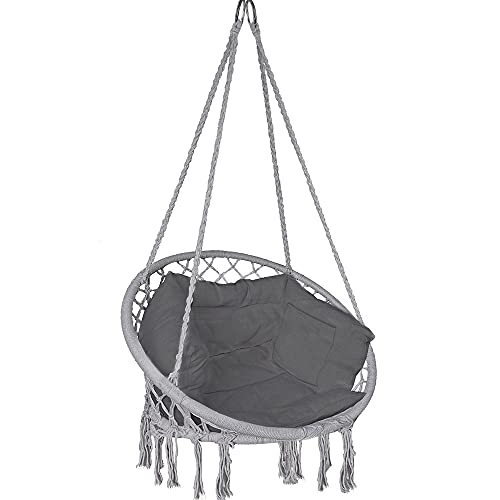 VOUNOT 4853284569111 Poltrona Sospesa da Giardino, Sedia Amaca Altalena Macrame con Cuscino, Ø80cm capacità 120 kg, per Interni Esterno Giardino, Grigio