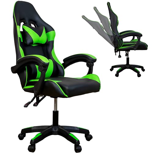 Gio Arreda Sedia da Gaming Reclinabile, Poltrona Ufficio girevole, con rotelle, ergonomica, poggiatesta e cuscino lombare, Portata: 125kg (Verde & Nero, Reclinabile)