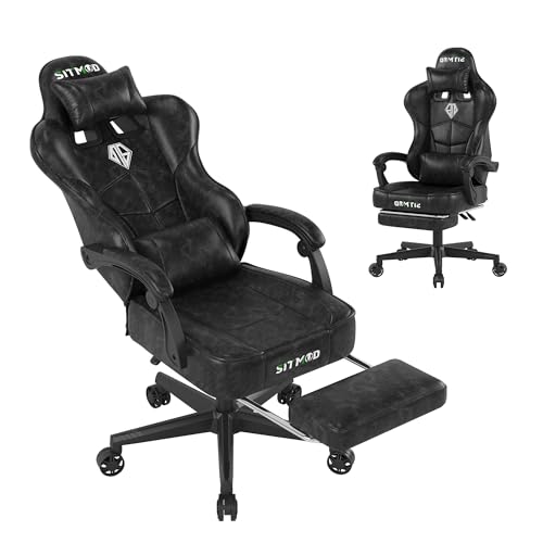 Sedie Gaming, Sedia da Ufficio Ergonomica, Poltrona Altezza Regolabile, Sedia da gioco con poggiatesta e supporto lombare sedia per PC, con poggiapiedi, in pelle PU, girevole a 360 gradi-NERO ﻿