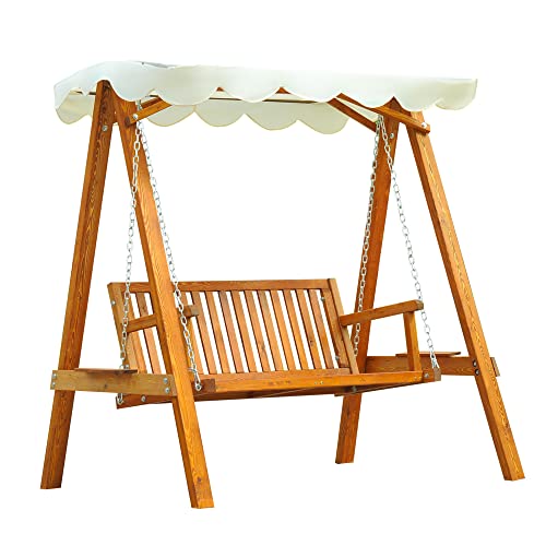 Outsunny Dondolo da Giardino Stile Classico Legno Massello di Pino Conforme alle Norme di FS Tettuccio Parasole in Tessuto di Poliestere con Rivestimento di PA 162x130x185cm 240kg