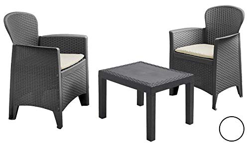 Dmora - Set salotto da esterno Foggia, Composizione da giardino con 2 poltrone ed 1 tavolino, Salottino effetto rattan con cuscini, 100% Made in Italy, Antracite