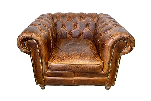 Keyhomestore-Poltrona Chesterfield pelle, Color Marrone, Bottoni in ottone, Altezza cm 72, ideale come complemento di Arredo per Interni. Stile inglese.