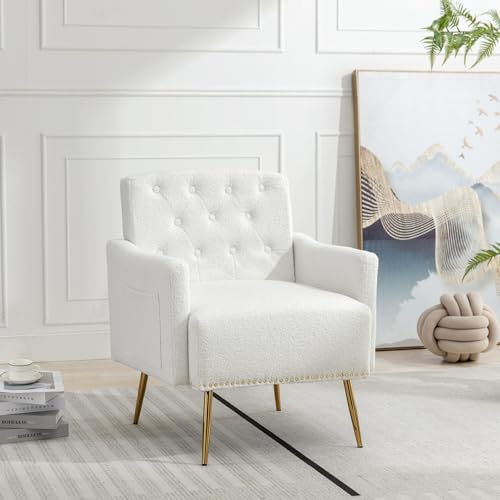 LERFAN Poltrona moderna in velluto con tasca laterale, poltrona imbottita per TV con gambe in metallo dorato, calda e traspirante, 69 x 61 x 86 cm, colore bianco