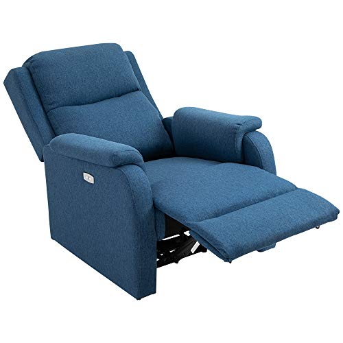 HOMCOM Poltrona Relax Elettrica con Schienale Reclinabile 160°, Poggiapiedi e Porta USB, Lino Blu, 77 x 91 x 106cm