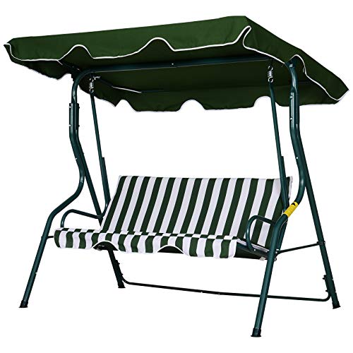 Outsunny Dondolo 3 Posti con Tettuccio | Struttura in Acciaio | Fino 200 Kg | Strisce Verde e Bianco | 170x110x153cm