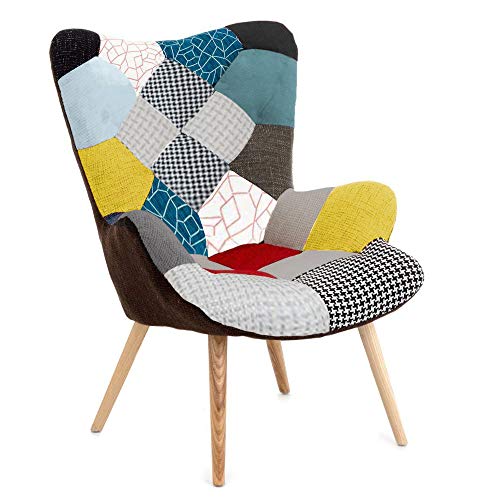 Bricozone Poltrona Patchwork con Schienale Alto, Seduta in Memory Foam, Gambe in Legno di Faggio, 76 x 68 x 98 cm, Poltrona Sedia Foderata in Tessuto Kusofa Plus Sfoderabile