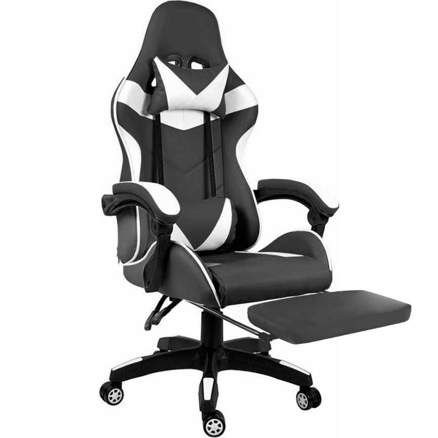 Sedia Gaming Poltrona Scrivania Ufficio Racing PC Gioco Girevole Reclinabile Ergonomica Ecopelle Rotelle Cuscino Supporto Lombare Poggiapiedi Poggiatesta Braccioli Altezza Regolabile (Nero E Bianco)