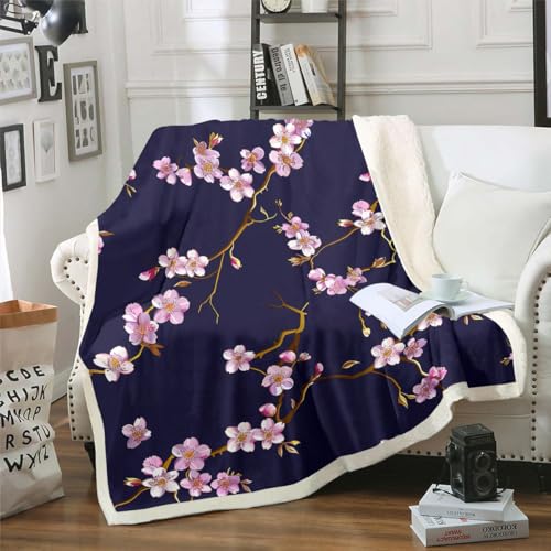 Homewish Coperta in pile con fiori di ciliegio, per ragazze e donne, in stile giapponese, per letto, divano, con fiori rosa, coperta pelosa, decorazione botanica, colore viola, 127 x 152 cm