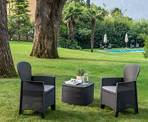 Dmora - Set salotto da esterno Napoli, Composizione da giardino con 2 poltrone ed 1 tavolino contenitore, Salottino effetto rattan, 100% Made in Italy, Antracite